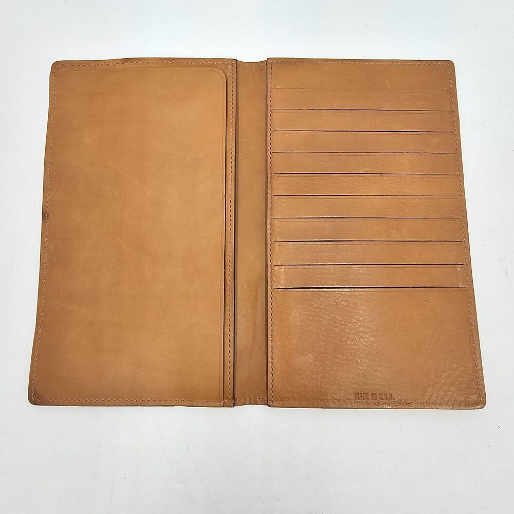 VTG Tan Genuine Leather Tall Bifold Wallet 10 Card Organizer Made In USA